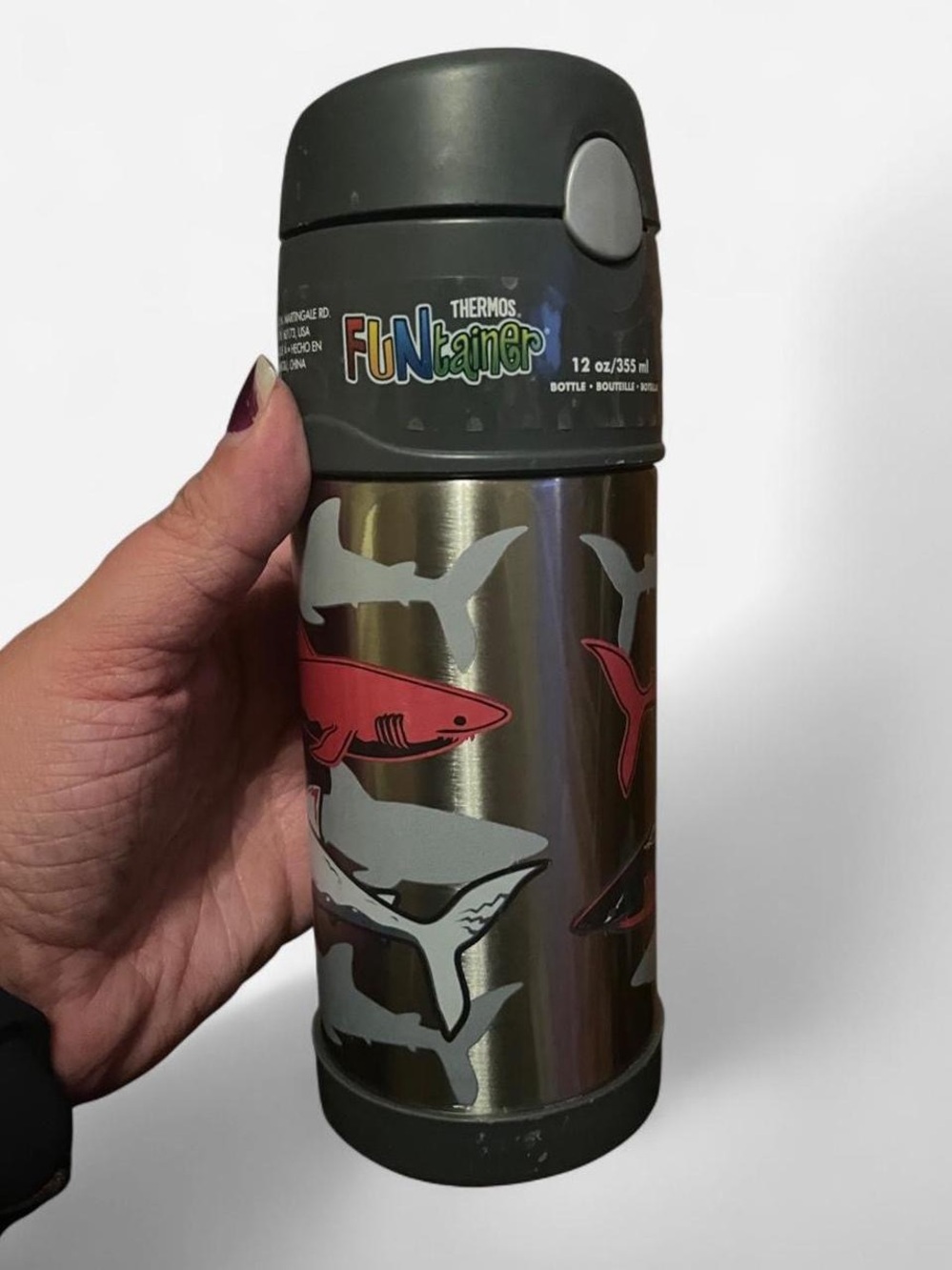 Thermos FUNtainer Shark Stainless Steel Water Bottle - Gray with Red Sharks